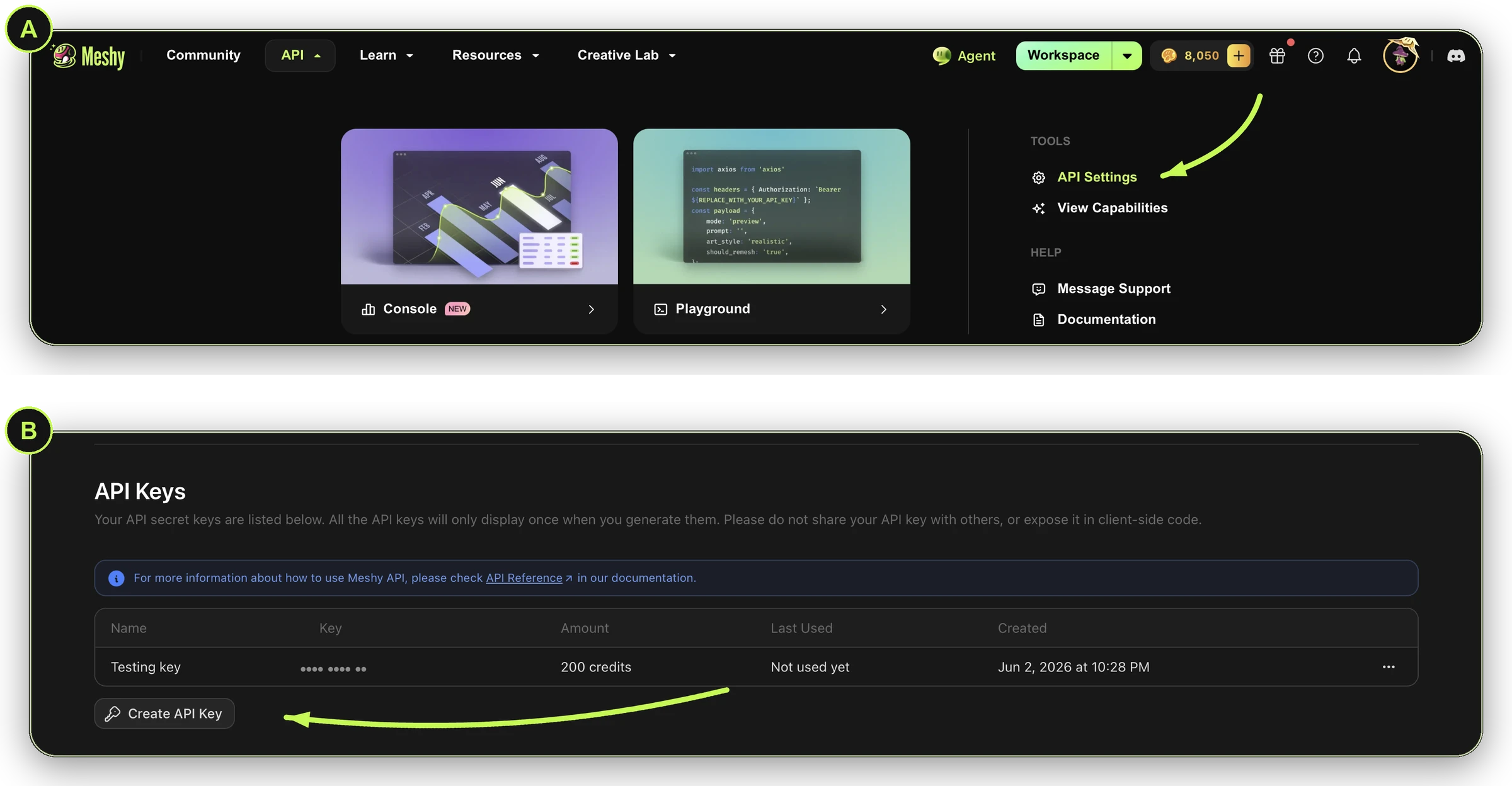 Open API Settings from the API menu, then create your key