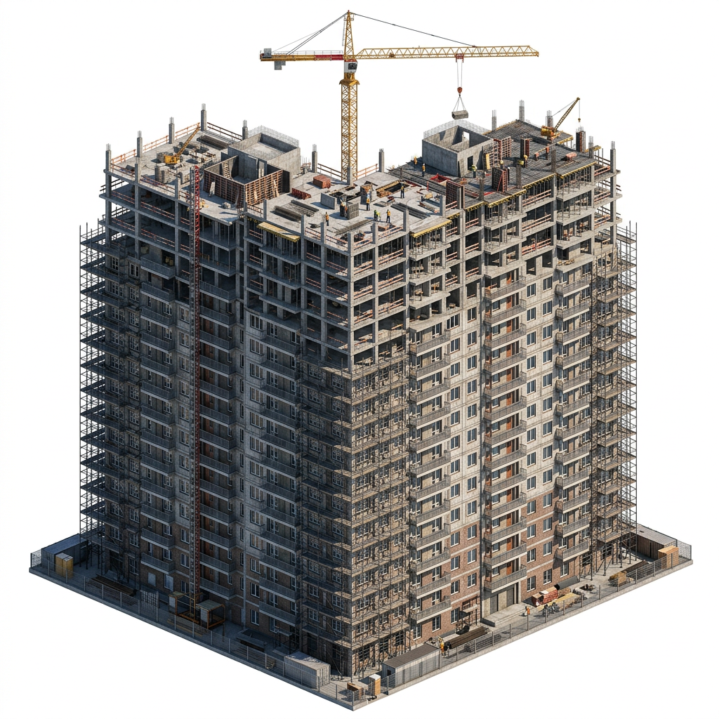 A building under construction with scaffolding